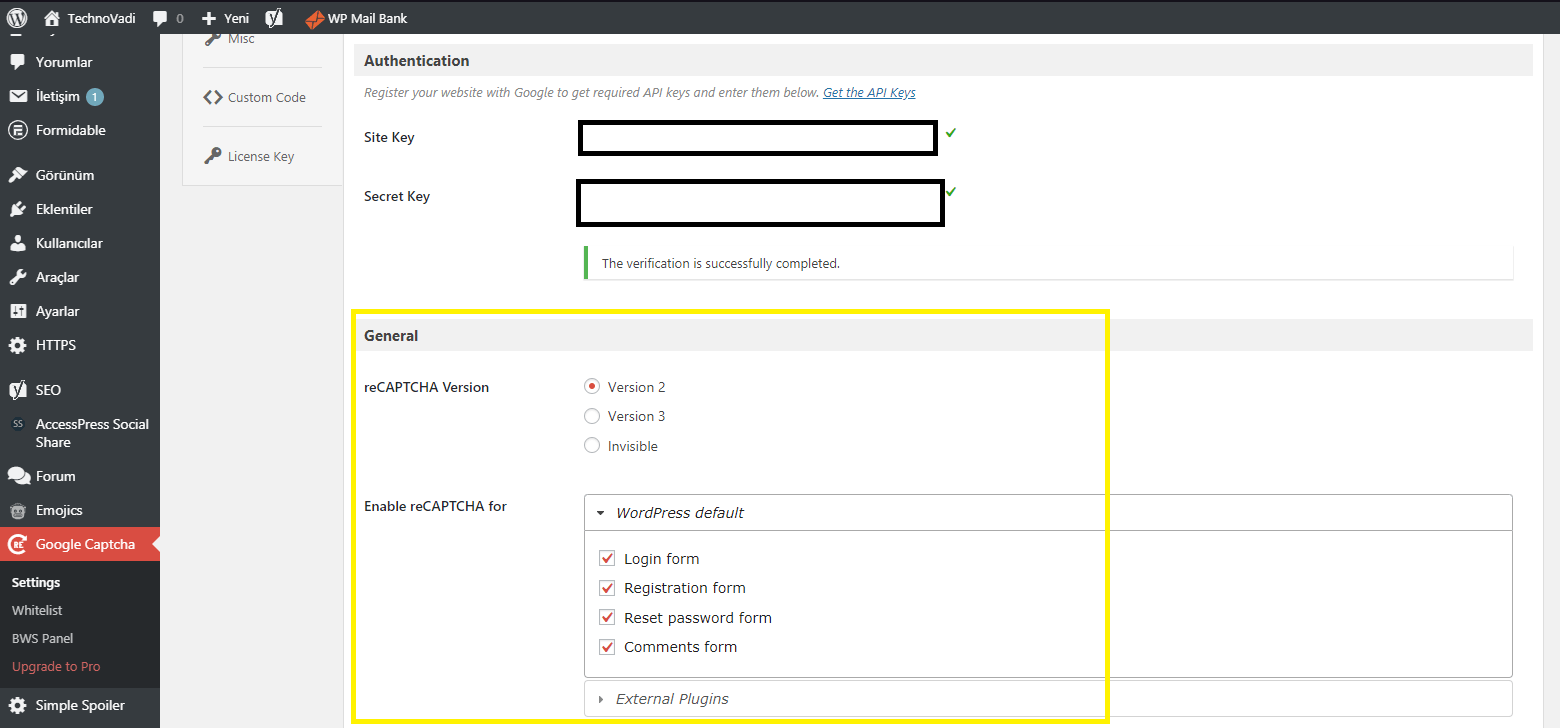 WordPress Spam Yorum Engelleme - Google Captcha Ayarlar TechnoVadi