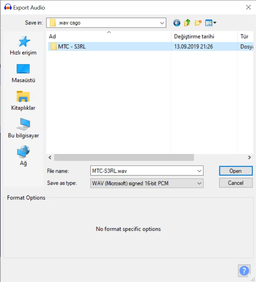SLAM kullanmadan CS:GO'da müzik çalmak - Audacity export audio klasör