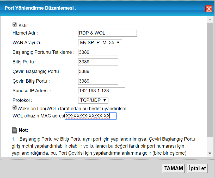 Wake on LAN - WoL cihazın MAC adresi