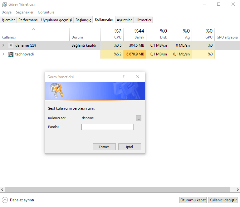 Windows Parolası Bilinmeyen Oturuma Bağlanma : Normal Giriş