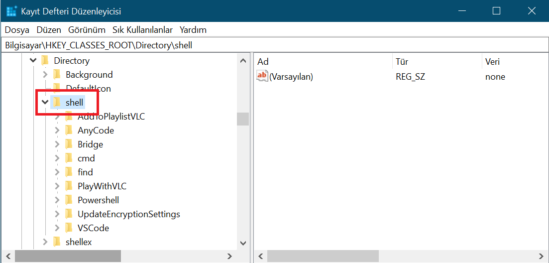 Bağlam menüsüne PowerShell ekleme - shell anahtarı