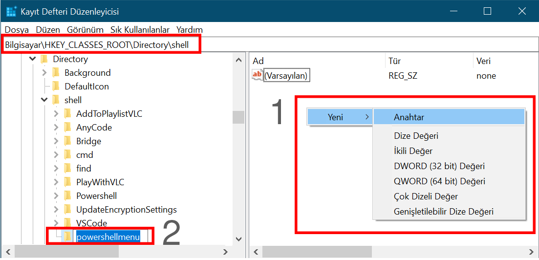 Bağlam menüsüne PowerShell ekleme - "powershellmenu" anahtarı