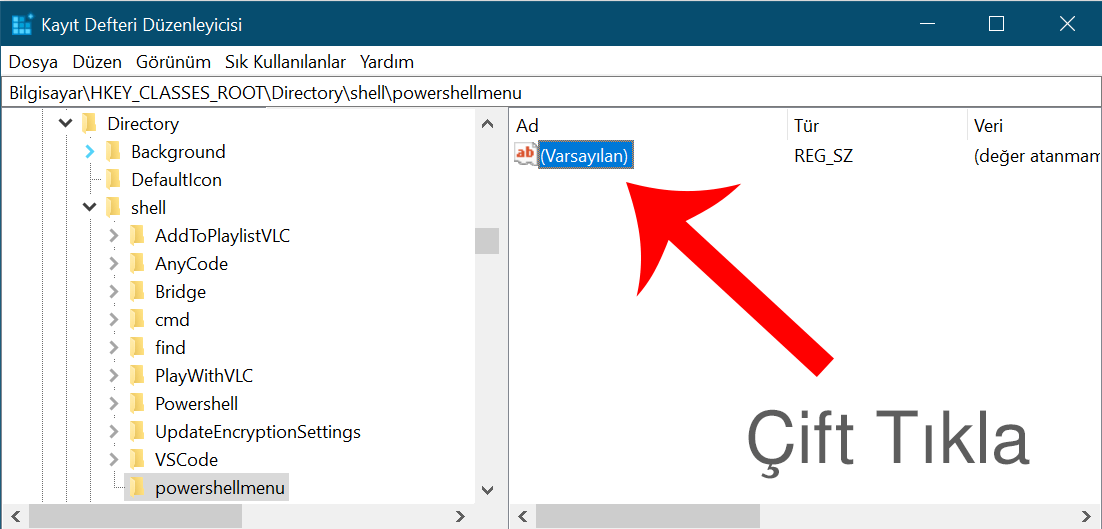 Bağlam menüsüne PowerShell ekleme - "powershellmenu" varsayılan