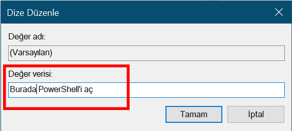 Bağlam menüsüne PowerShell ekleme - "powershellmenu" varsayılan değer