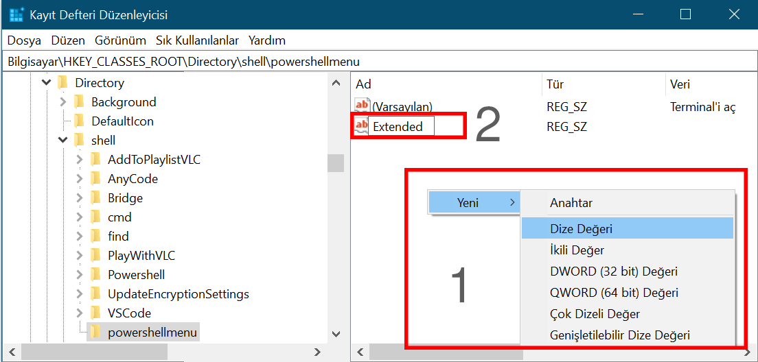 Bağlam menüsüne PowerShell ekleme - "powershellmenu" extended
