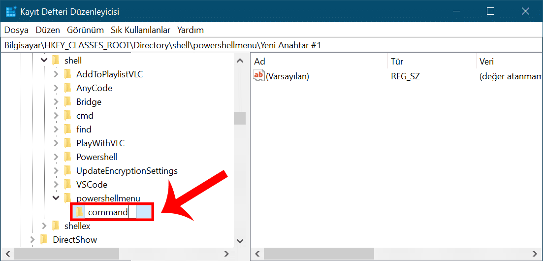 Bağlam menüsüne PowerShell ekleme - "command" anahtarı