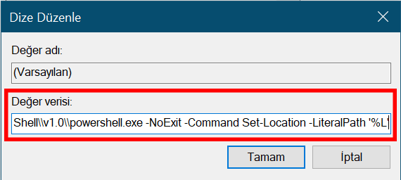 Bağlam menüsüne PowerShell ekleme - "command" varsayılan