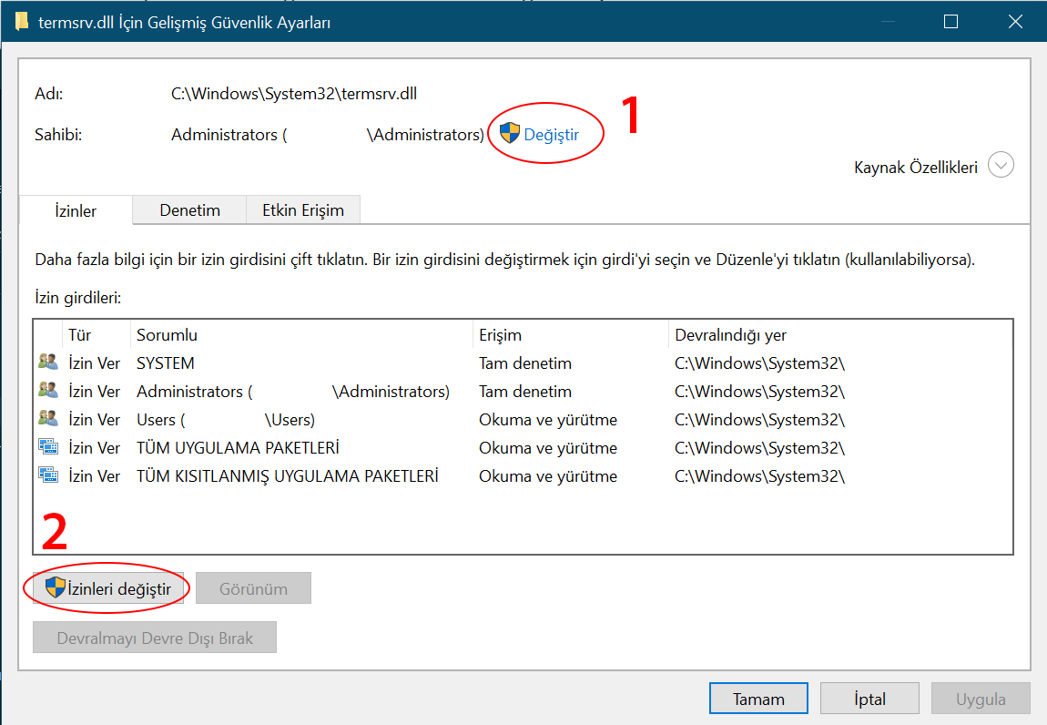 Termsrv.dll izinleri - Windows 10'da çoklu RDP (Uzak Masaüstü) oturumu