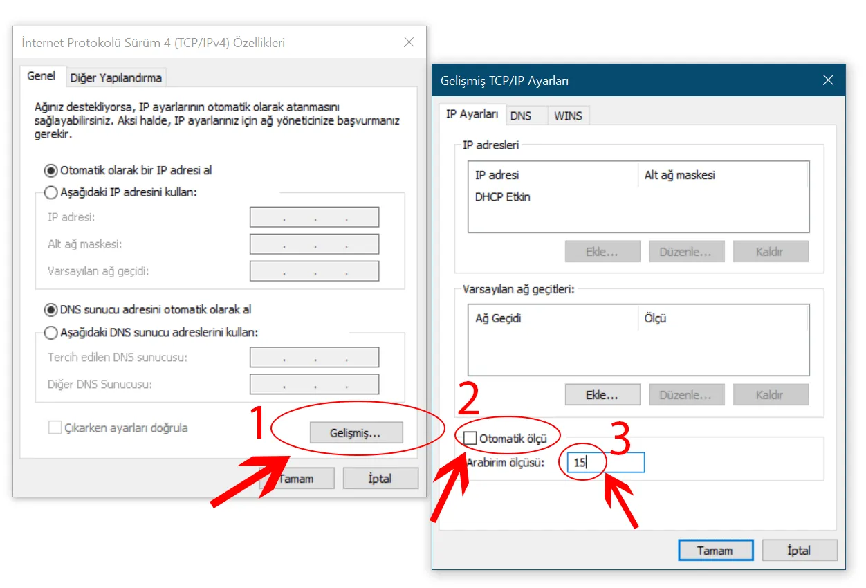 IPv4 - Gelişmiş - Arabirim ölçüsü - 15 - İnternet Birleştirme Windows'da Nasıl Yapılır ?